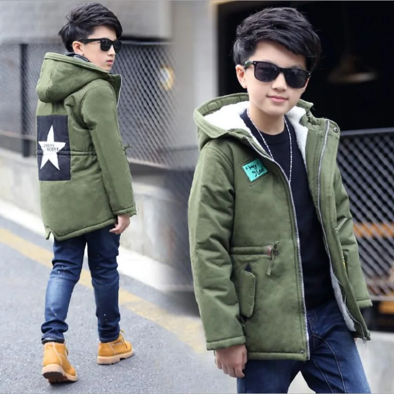 

New winter children's clothing Fur boys jacket 2020 winter boys big kids five-pointed star plus velvet thick windbreaker 4-14yrs
