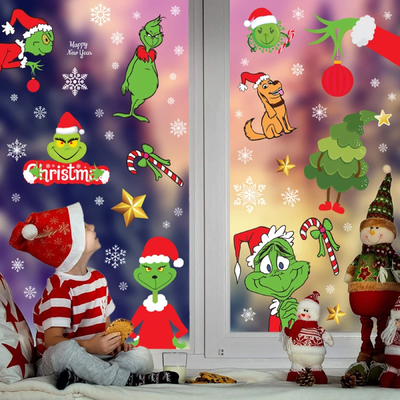 

Christmas Grinch Sticker Xmas Decoration For Glass Wall Window Paste Pvc Snowflake Decals New Year Party Home Navidad 2022