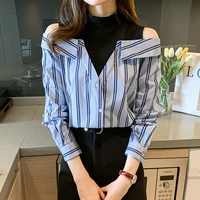 korean off shoulder womens blouse sexy fake two patchwork shirt lady fashion stripe tops woman clothing