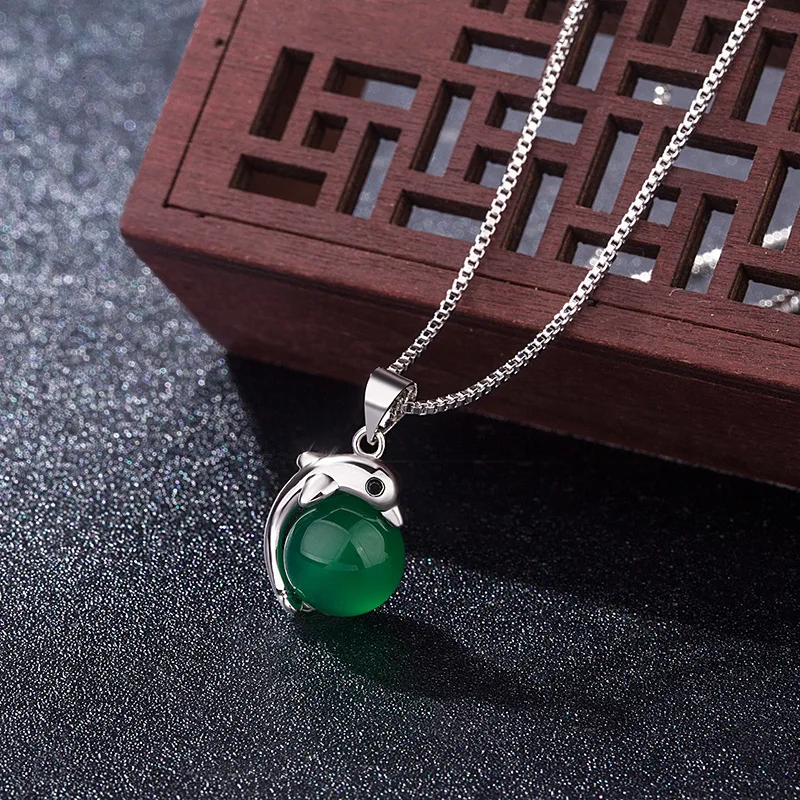 Натуральный нефритовый халцедон Круглый дельфин кулон агат серебро 925 пробы