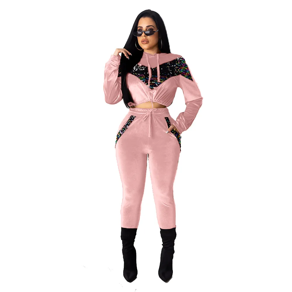 Зимний женский комплект с длинным рукавом спортивный костюм блестками толстовка