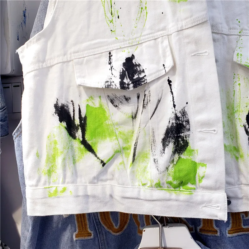 

2021 Spring Summer New Women Paint-Splashing Style Graffiti Jeans Tanks Top Ladies Fashion Streetwear Loose Slimming Denim Vest