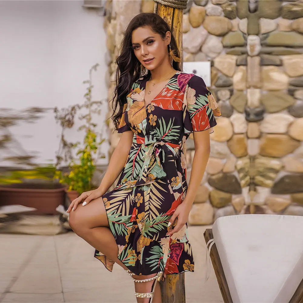 

Женское платье до колен, асимметричное платье с цветочным принтом, V-образным вырезом, рукавом-бабочкой и высокой талией, весна-лето 2021