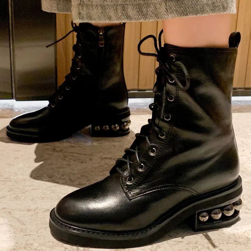 Новинка настоящий жемчуг BeadingLeather сезон осень-зима ботильоны с круглым носком на