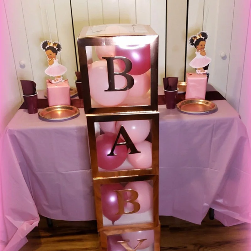 

CYUAN Rose Gold Baby Shower DIY Transparent Ballon Box Alphabet Name Transparent Packing Box Birthday Balloon Box Wedding Decor