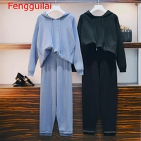 spring women pant suits blue knitted hooded loose sweater tops casual trousers track suits m 4xl
