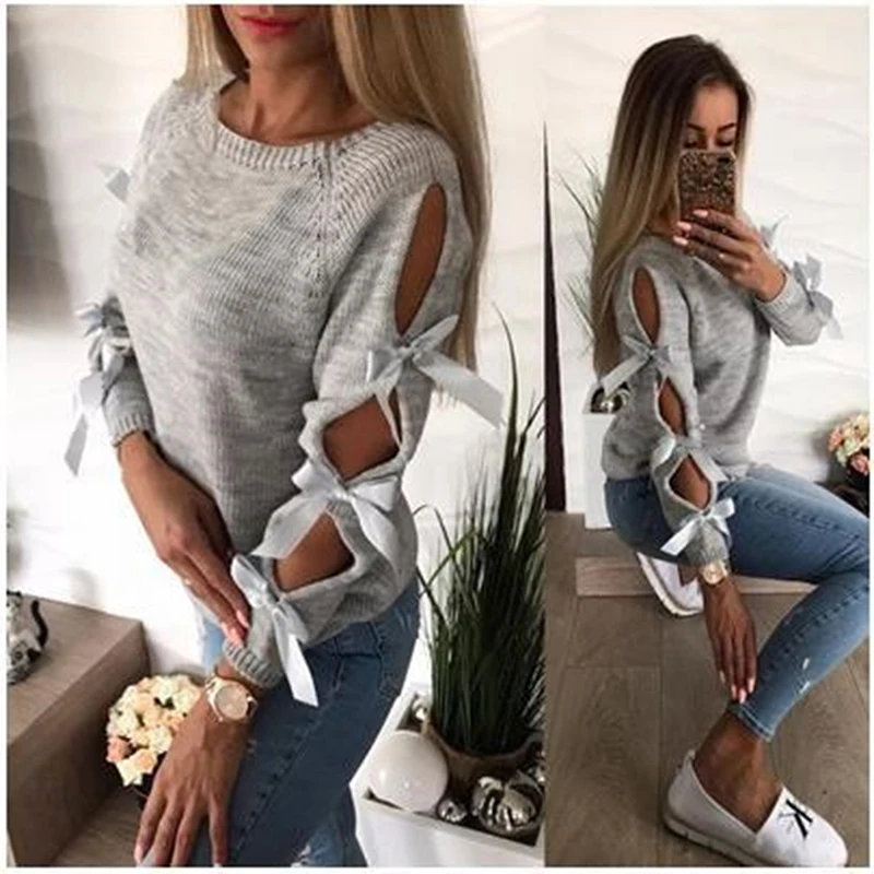 

Autumn korean Women Bow Hollow out Long sleeve Warm Sweater Pullover Fashion Casual Sexy Knitting Bow Loose O-Neck Pullovers