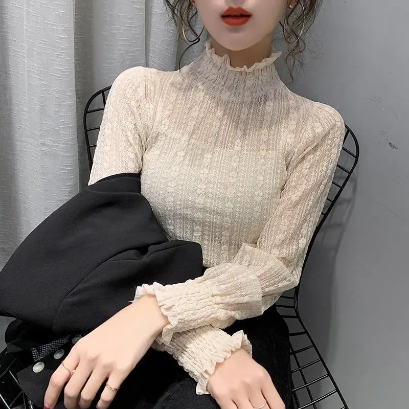 Женская кружевная водолазка осенне-зимняя сетчатая блузка с длинным рукавом