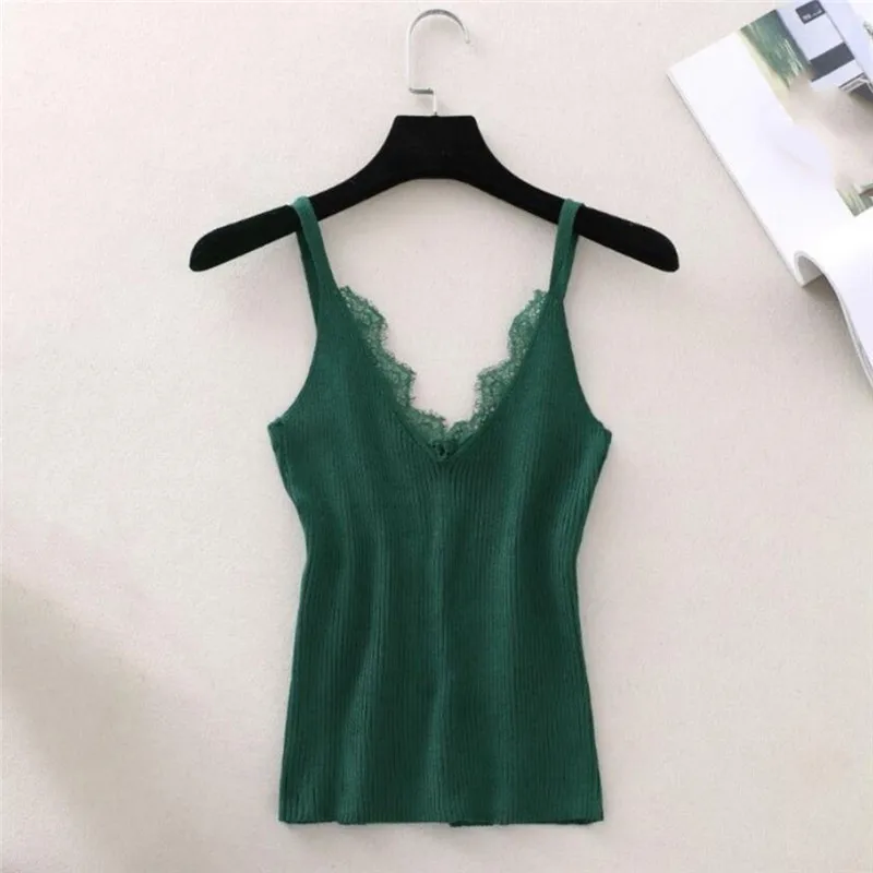 

Women Hook Flower Lace Tank Solid Stitching V-Neck Camis Female Knitted Short Slim Sleeveless Shirt Tank Casual Tops