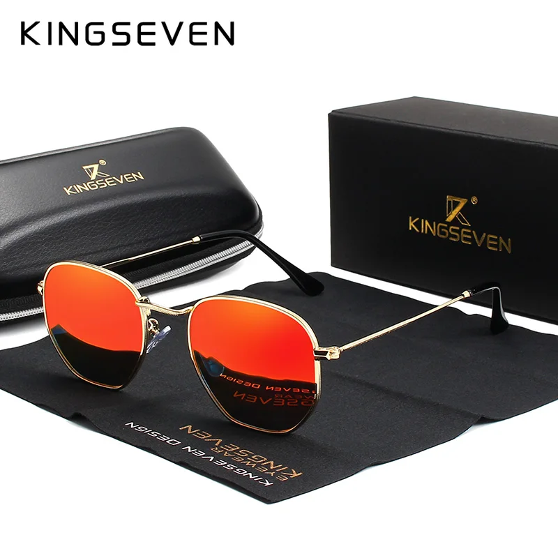 Купи KINGSEVEN 2022 Classic Reflective Sunglasses Men Hexagon Retro Sun glasses Stainless Steel Eyewear Oculos Gafas De Sol Shades за 695 рублей в магазине AliExpress