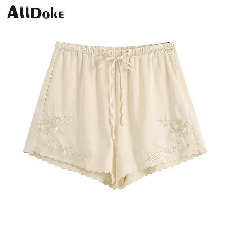 

Шорты ALLDOKE женские с высокой талией, винтажные с вышивкой, с завязками и оборками, повседневные офисные короткие брюки бежевого цвета с цвет...