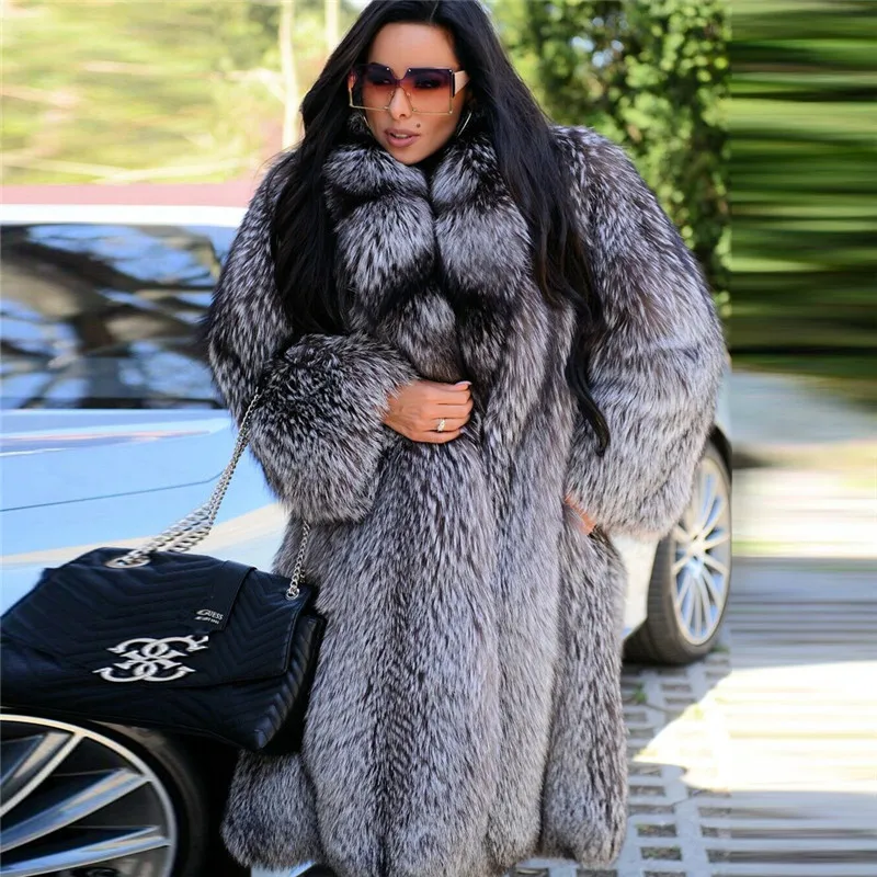 Winter Fashion Real Silver Fox Fur Coat Long High Quality Genuine Whole Skin Silver Fox Fur Coats With Big Lapel Collar Outwear