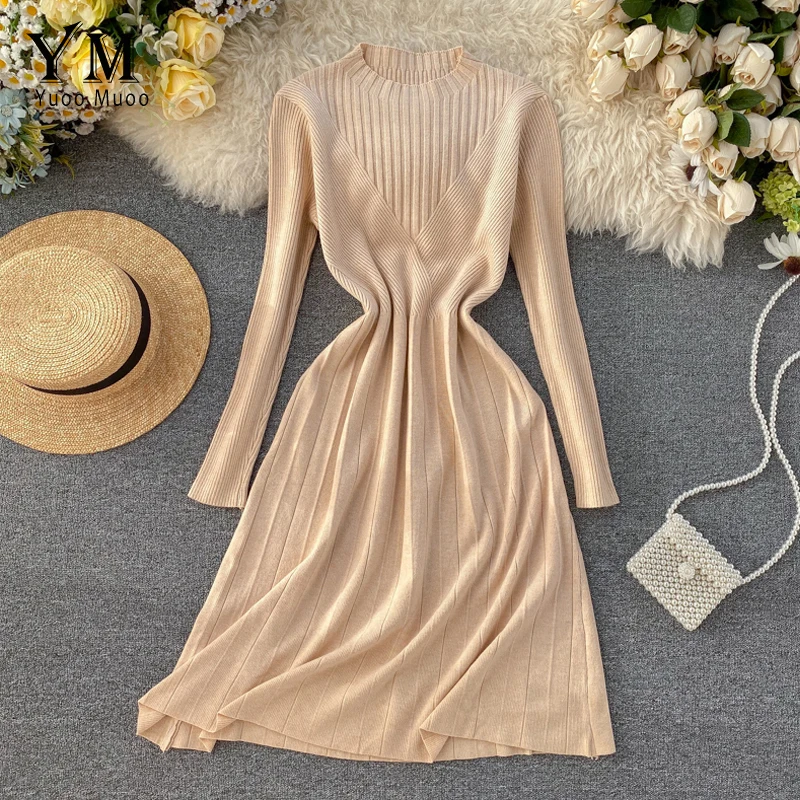 YuooMuoo модное однотонное бежевое платье женское элегантное вязаное офисное с