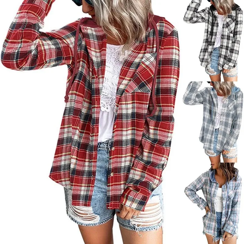 

Женская Повседневная рубашка в клетку, элегантная облегающая блузка с отложным воротником и длинным рукавом, с открытым стежком, весна-осен...