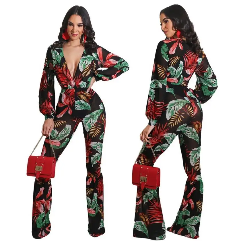 

Floral Printed Women Jumpsuits 2021 Hot Summer Fashion Lady Full Sleeve Sexy Deep V-Neck Nightclub Slim Waist Wide Leg Rompers