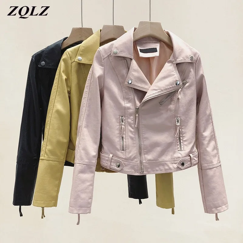 

ZQLZ Spring Autumn Faux Leather Jacket Women 2021 Motorcycle Biker Pu Short Overcoat Zipper Black Pink Slim Leather Coat Female