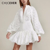 chicever sexy hollow out shirt skirt two piece sets female lantern sleeve blouse tops women high waist patchwork lace skirt suit