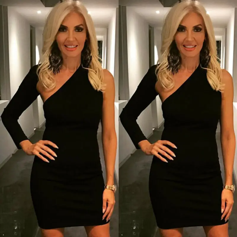 Модная женская одежда на одно плечо для стройных обтягивающее короткое платье