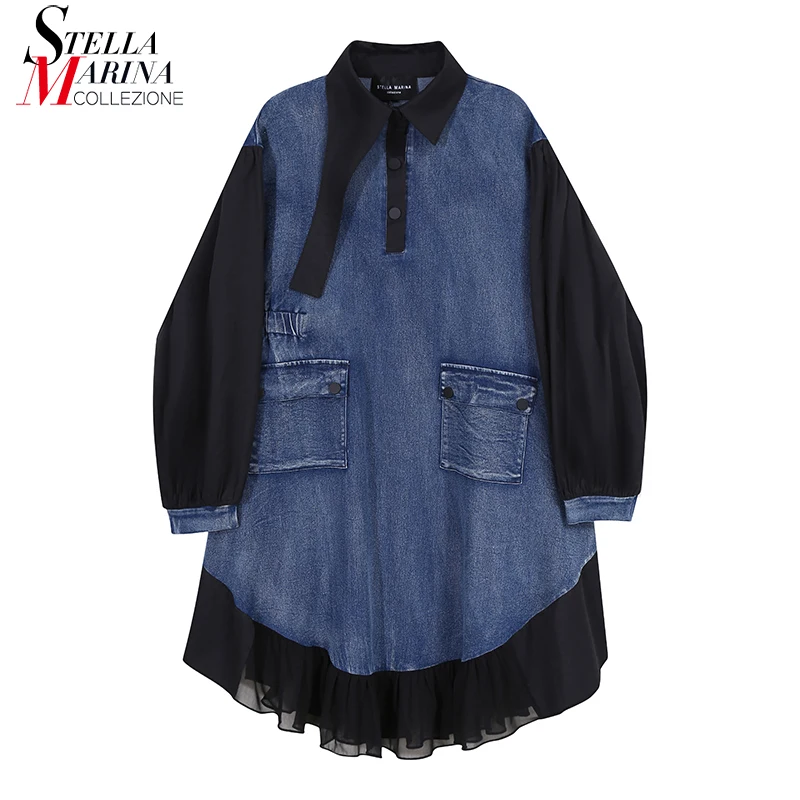 Новинка 2020 женское синее винтажное джинсовое платье с длинным рукавом и