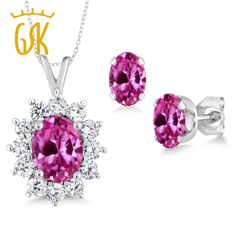 GemStoneKing 3 09 карат Овальный розовый сапфир кулон серьги набор из стерлингового