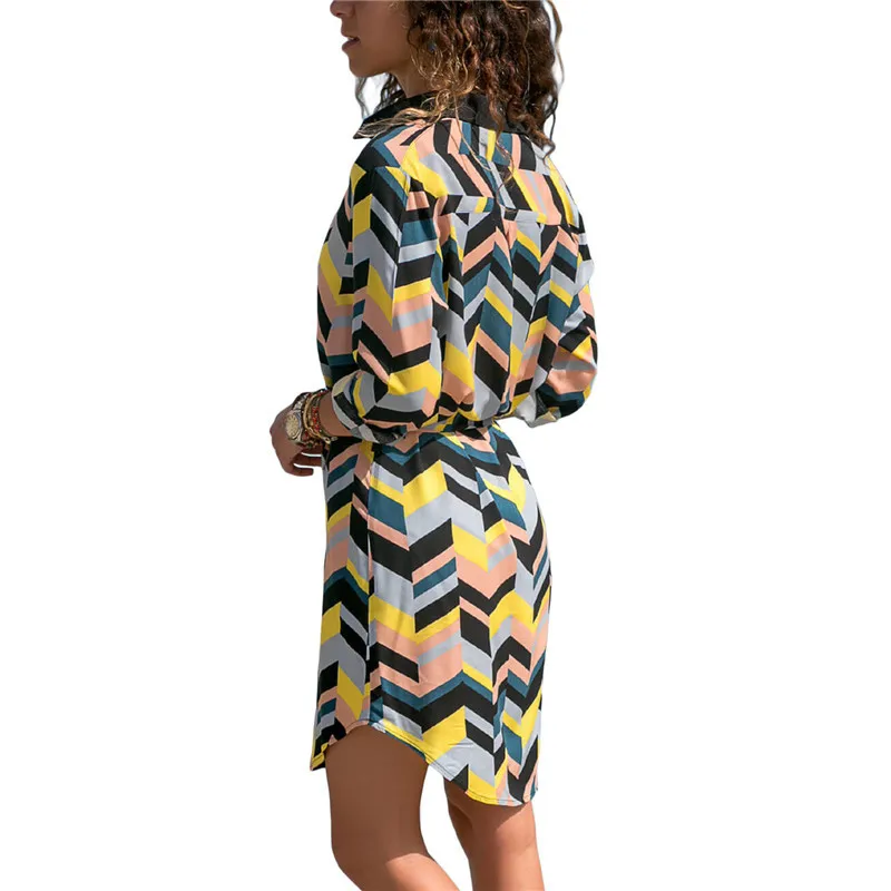 

2021 Summer Striped Dress Pleated Long Sleeve Lapel V-neck Shirt Dress Casual Home Comfortable Dress Thin Mini Slim Dress