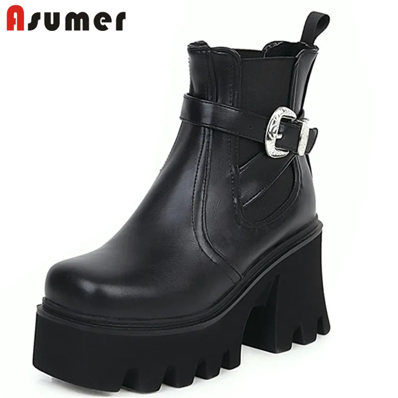 

Женские ботинки на платформе ASUMER, повседневные ботинки на высоком каблуке, с круглым носком, с пряжкой, Осень-зима, 2021
