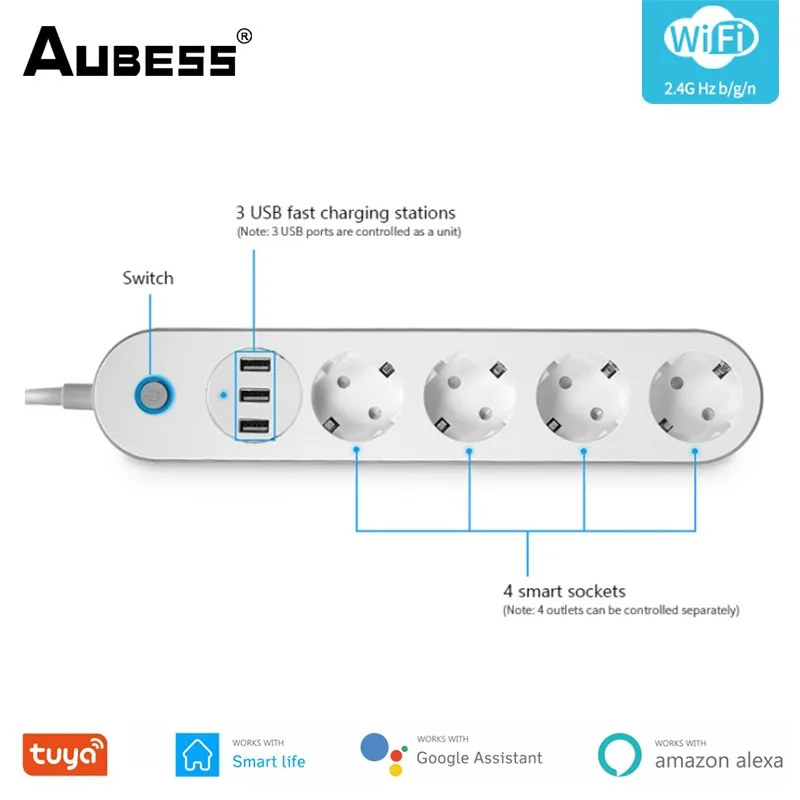 

Умная розетка Aubess с поддержкой Wi-Fi, 4 евророзетки, 3 USB-порта