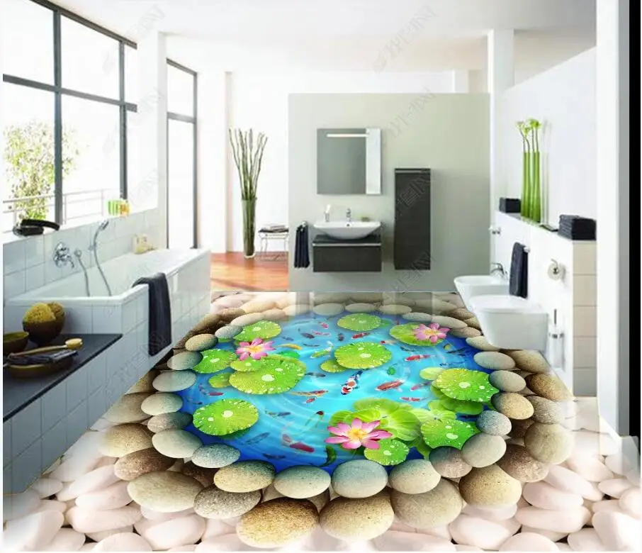 

3d pvc flooring custom photo mural Self-adhesive floor Cobblestones in a lotus pond vinyl wallpaper for bedroom home decor