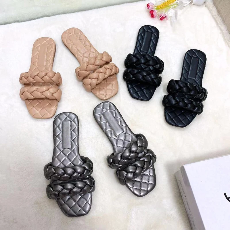 

Fashion sexy Roman style double row braided solid color all-match plus size female slippers Summer new style 2021 beach slippers