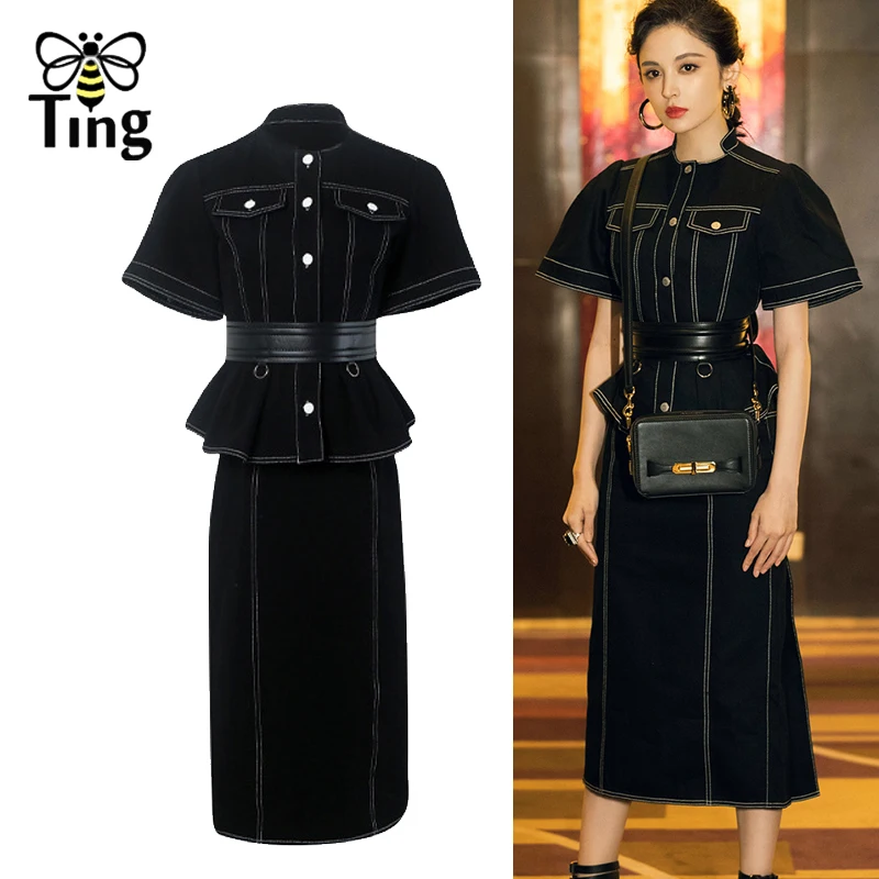 Женский дизайнерский подиумный комплект Tingfly Джинсовая блузка с рюшами и