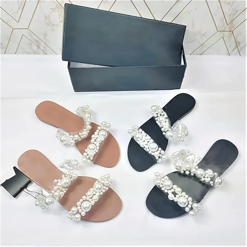 

2021 Women New Summer Bohemian Pearl Slippers Flat Bottom Sandals Open Toe Ladies Shoes Crystal Flip Flops Shoes Chaussure Femme