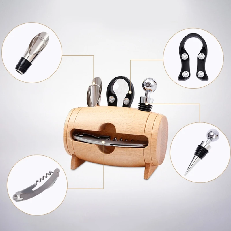 

4 in 1 Wine Bottle Opener Set with Wooden Swing Stand Stainless Steel Seahorse