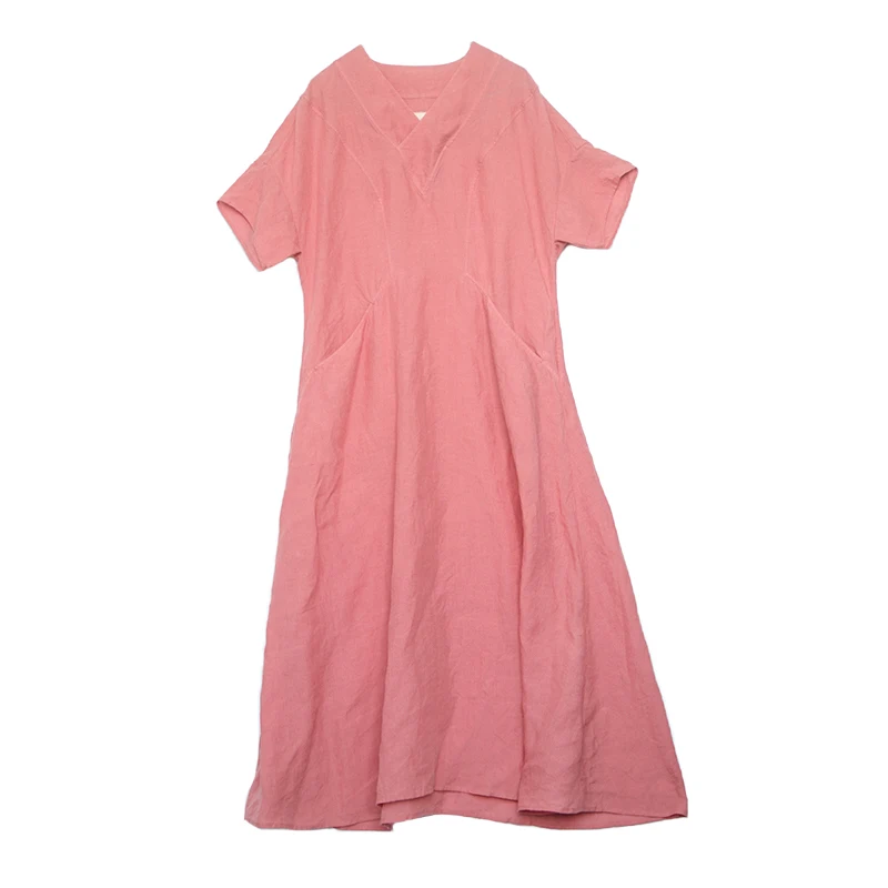 

LinenAll Summer rouge pink thin Han Mahjong stacking V-neck Chinese loose dress