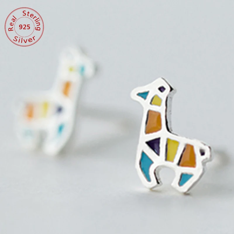 Простой дизайн 925 Стерлинговое Серебро маленькая разноцветная Жираф серьги