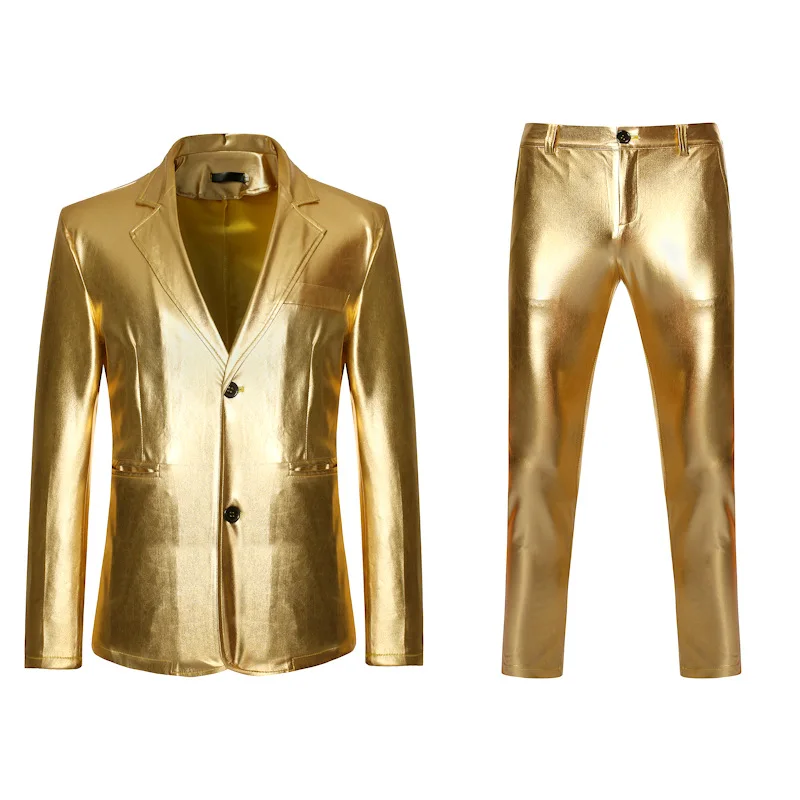 Men's 2 Pieces Gold Coated Metallic Suits With Pants Black Slim Fit DJ Club Party Stage Wedding Dress Suit Men Terno Masculino