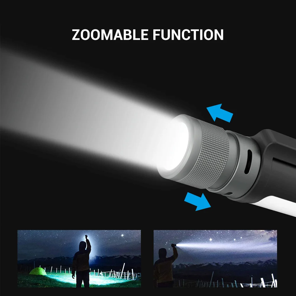 Фонарик BORUiT Super Bright Led с аккумулятором 18650, функцией зума, водонепроницаемый, с возможностью зарядки устройств и использования в качестве фонаря для велосипеда.