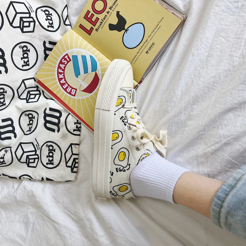 

2020 Spring Fashion White Sneakers Breathable Casual Cartoon Animation Omelette Low-top Women Canvas Shoes Tenis Feminino W31-53