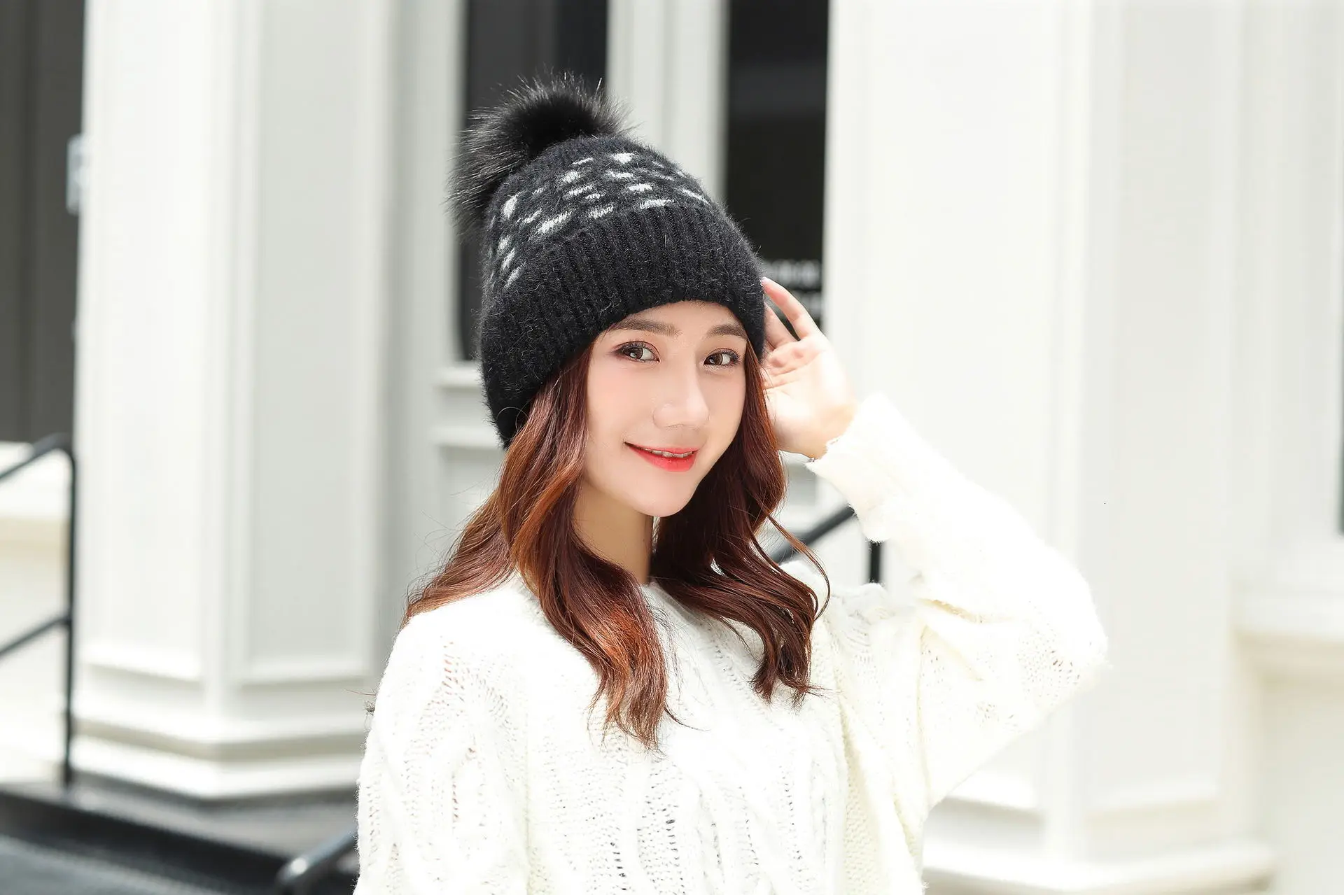 Women Beanies Pom Poms Rabbit Hat Beanie Knitted Skullies Fashion Caps Ladies Knit Cap Winter Hats For Women