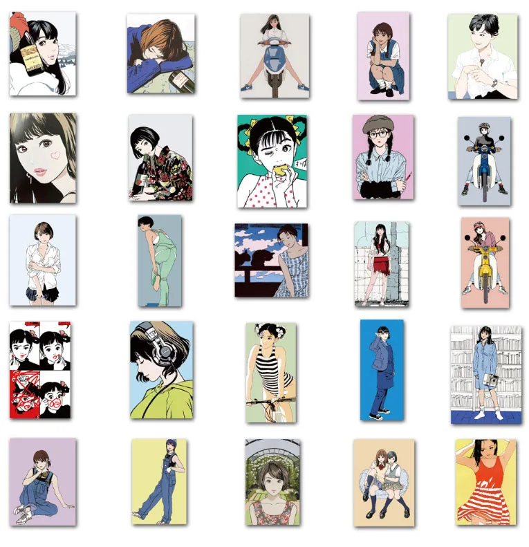 

50 pcs Japanese vitality girl sticker retro nostalgic illustration Graffiti Waterproof Skateboard Travel Suitcase Phone Laptop