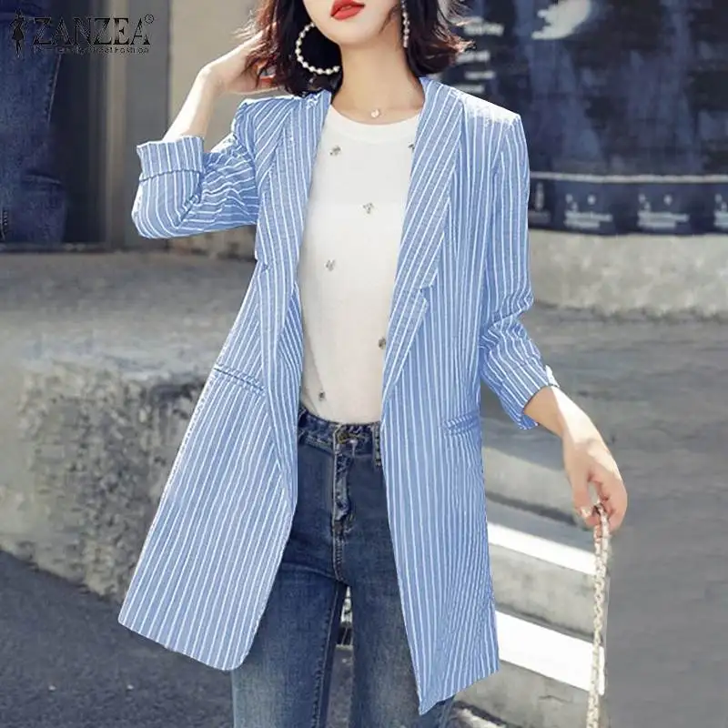 

Пальто ZANZEA женское с принтом, модная офисная одежда для работы, винтажная Осенняя блузка, блейзер в полоску с длинным рукавом