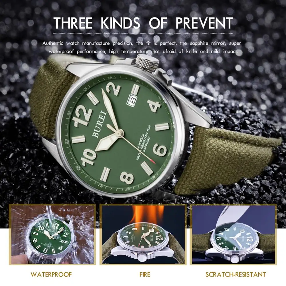

NH35 BUREI Luxury Brand Men Automatic Watch Sapphire Military Mechanical Men Watch Casual Canvas Strap Relogio Masculino 2020