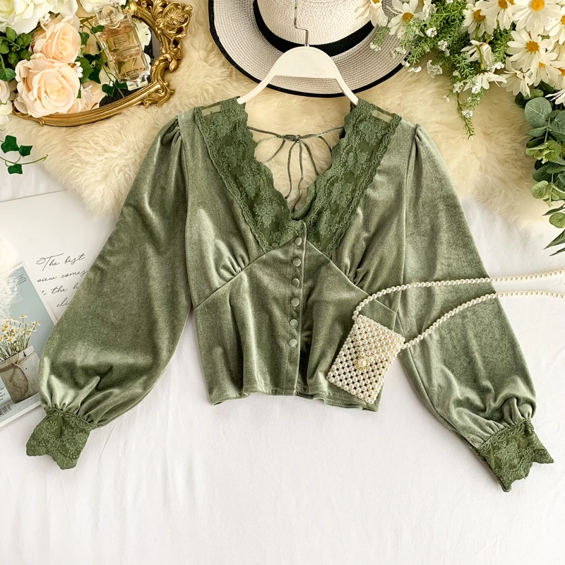 Новинка 2019 модная Женская французская бархатная Блузка с V образным вырезом и