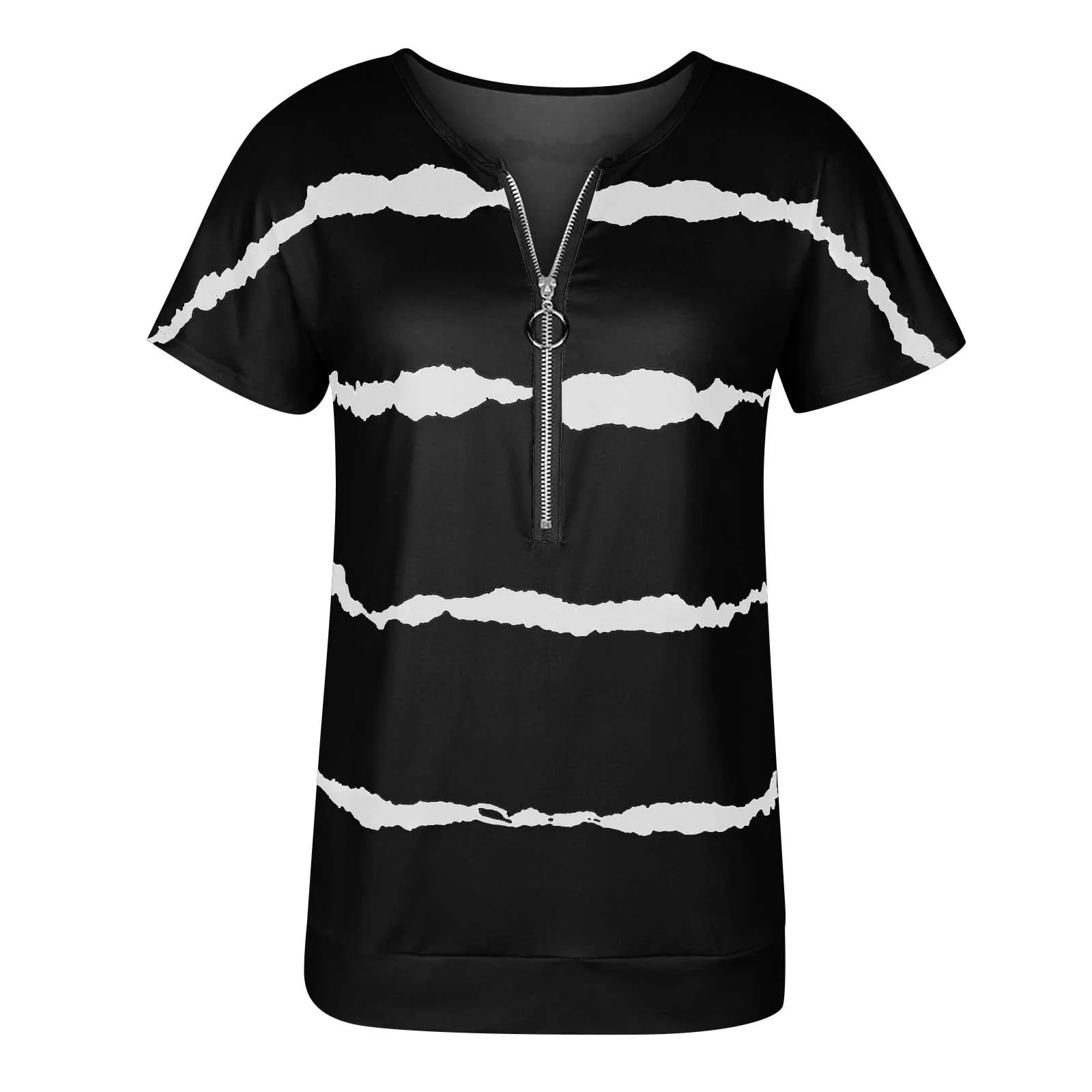 

Fashion Zipper Blouse Shirt V Neck Short Sleeves Casual Striped Print Women Tunic Tops Blusas Summer Ladies Pullover Tops