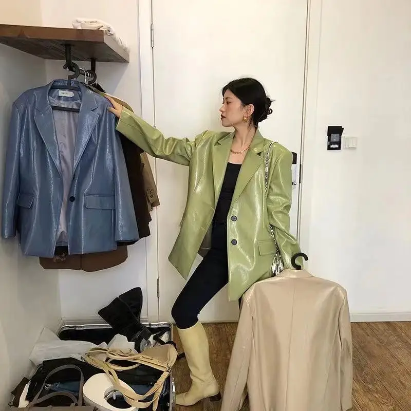 

Pu Faux Leather Coat For Women 2021 Korean Loose Fit Lapel Y2k Green Long Sleeve Clothes Chic Vintage Female Outwear Jacket