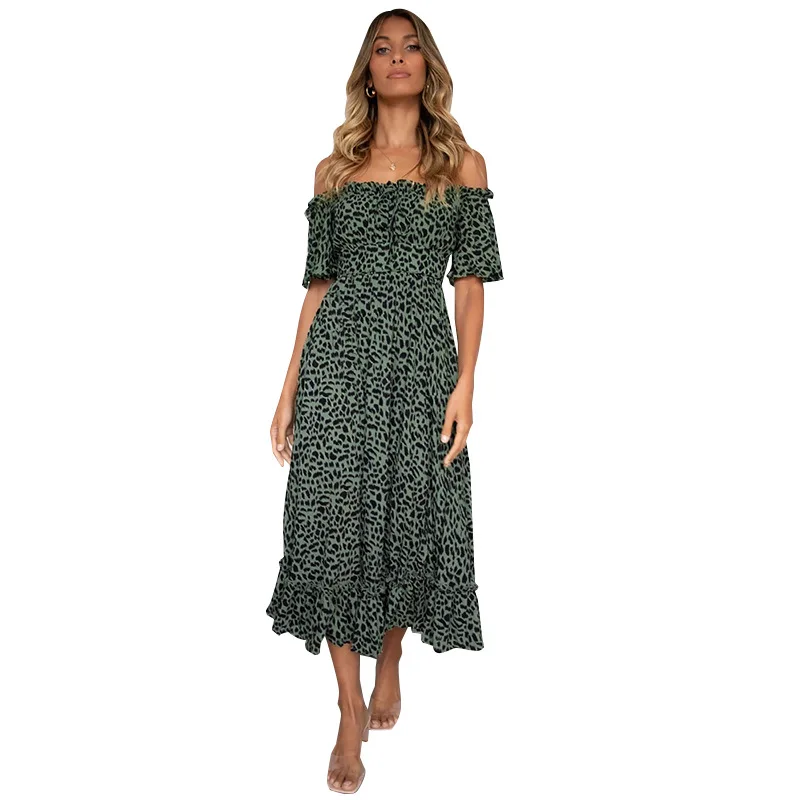 

Summer new style European and American women's dress short-sleeved strapless leopard print dress