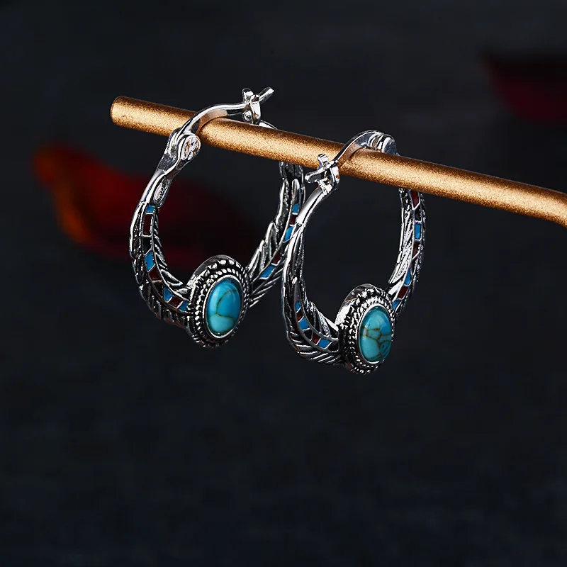 

Foydjew Bohemia Turquoises Earrings Silver Color Round Hoop Earrings for Women Female Party Earring Fashion Jewelry Gifts