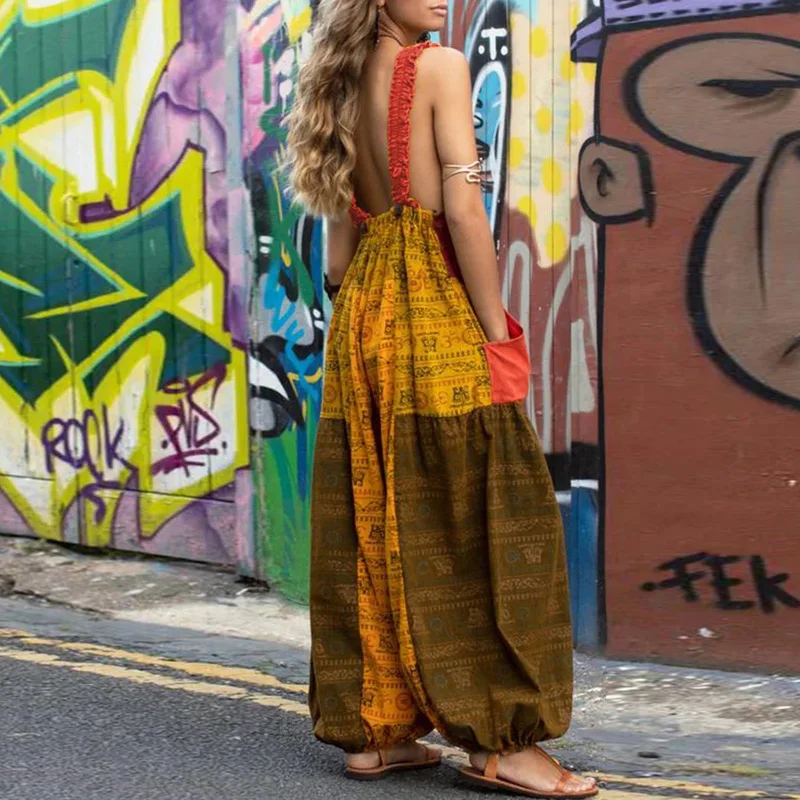 

Retro Patchwork Print Women Summer Jumpsuit Sexy Strap Linen Cotton Sleeveless Romper Casual Backless Wide Leg Pant Playsuit 3XL