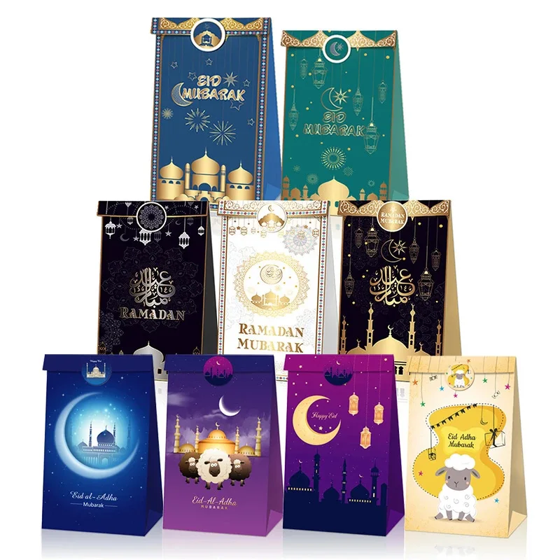 

12pcs Eid Mubarak Candy Bag Ramadan Mubarak Gift Box with Stickers Islamic Muslim Festival Eid al-Fitr Party Favors Supplies
