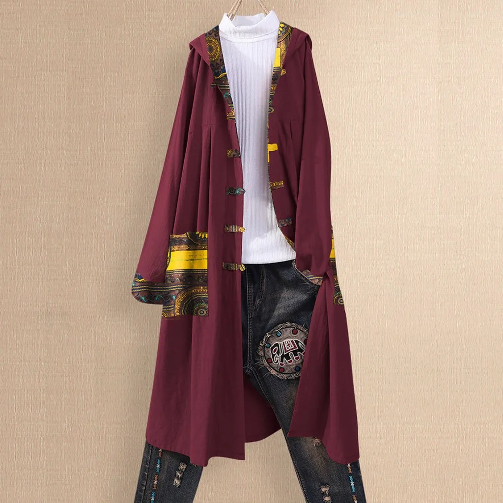 Women Blouses Long Sleeve Boho Print Button Pocket Shirts Loose Cardigan Patchwork Hooded Coat Blusas Mujer De Moda 2019 |