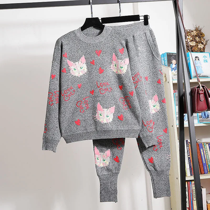 

Set Female Fashion Cat Print Long Sleeve Knitted Sweater Pencil Pants Tracksuit Female 2pc Loose Casual Knit Two Piece Outfits